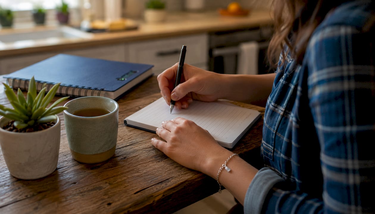 Hands writing an after-hours voicemail greeting script in a notebook beside a cup of coffee