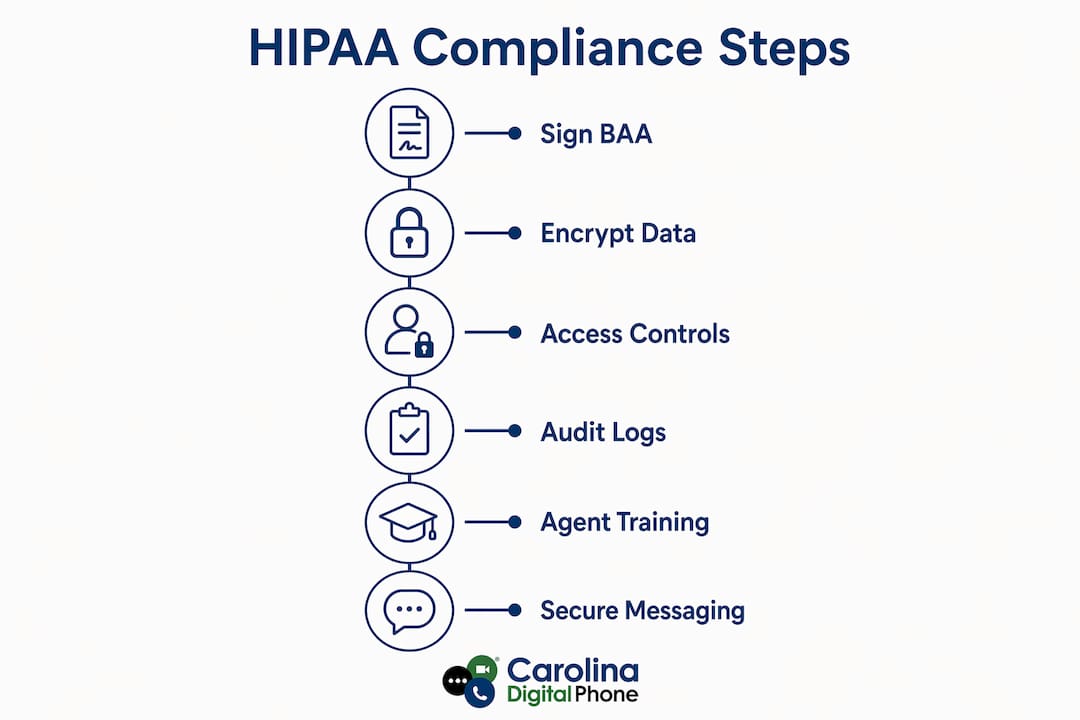 Infographic listing six HIPAA compliance steps for answering services: sign BAA, encrypt data, access controls, audit logs, agent training, secure messaging
