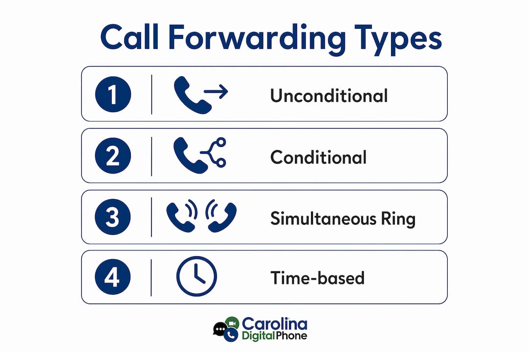 Infographic illustrating the four call forwarding types: unconditional, conditional, simultaneous ring, and time-based