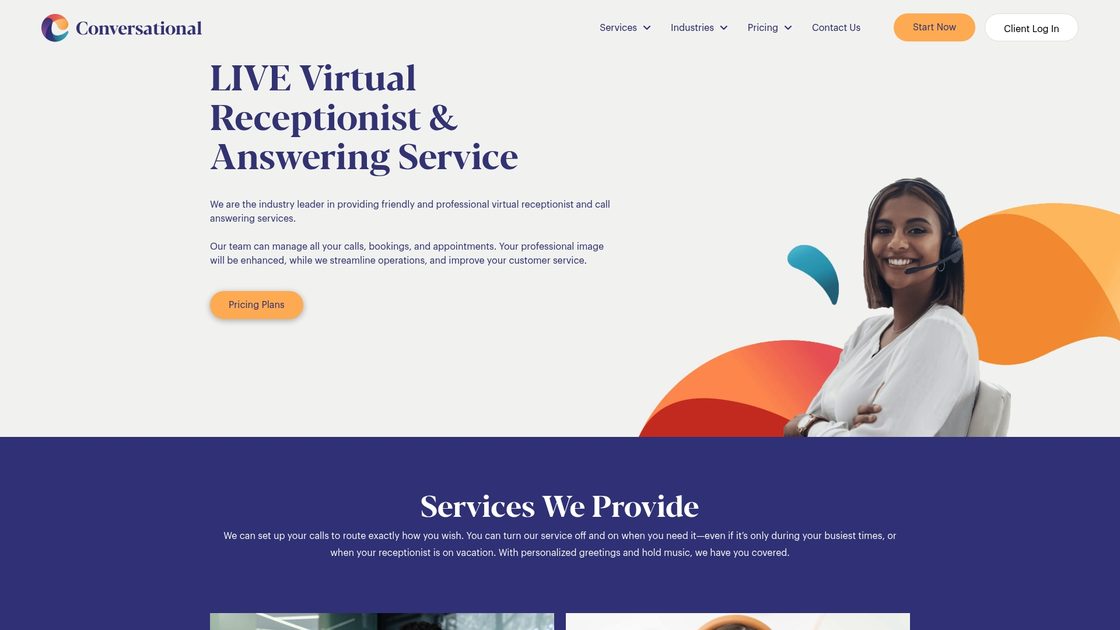 Conversational live virtual receptionist and answering service homepage