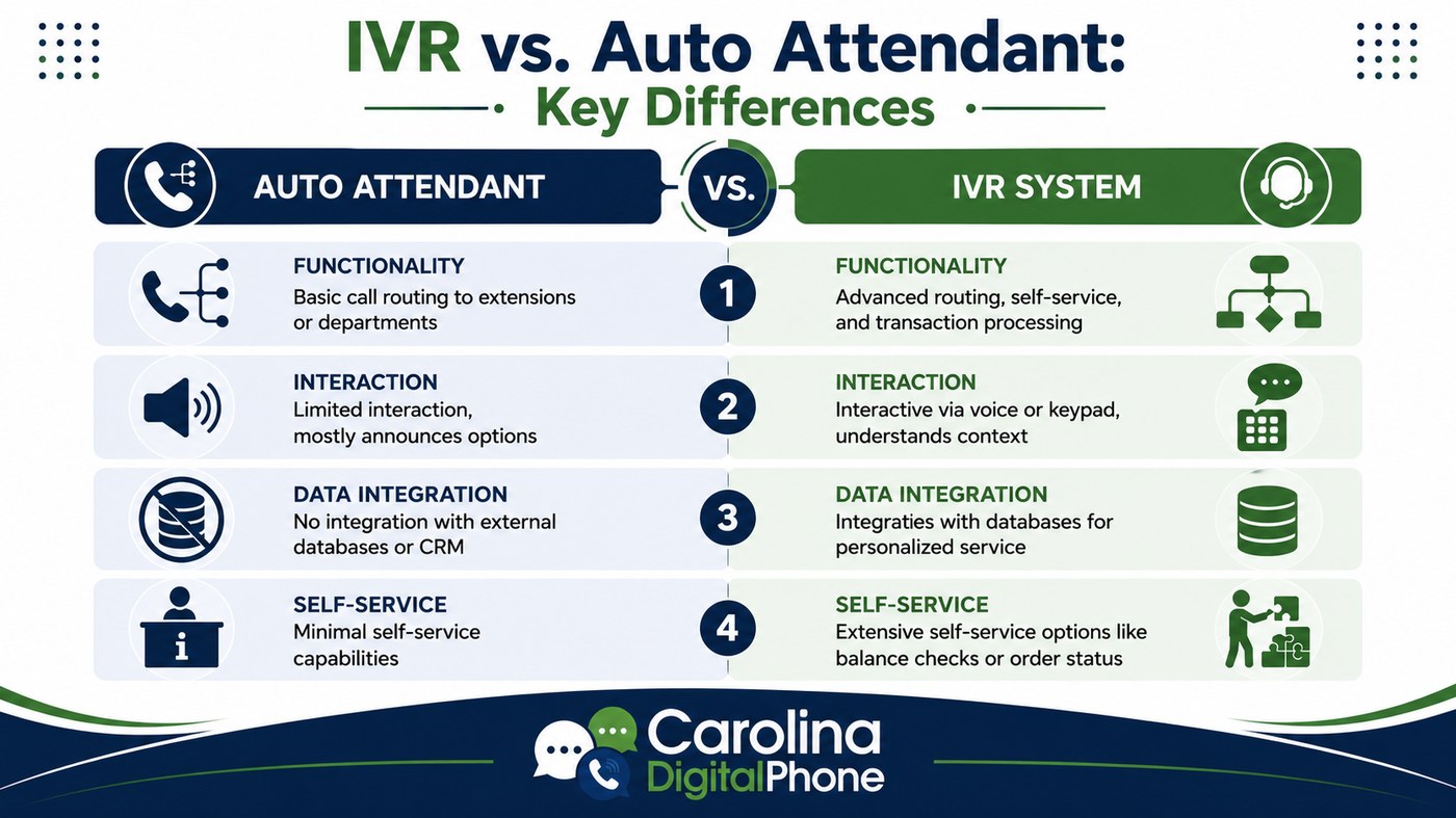 Comparison infographic of auto attendant versus IVR system across functionality, interaction, data integration, and self-service