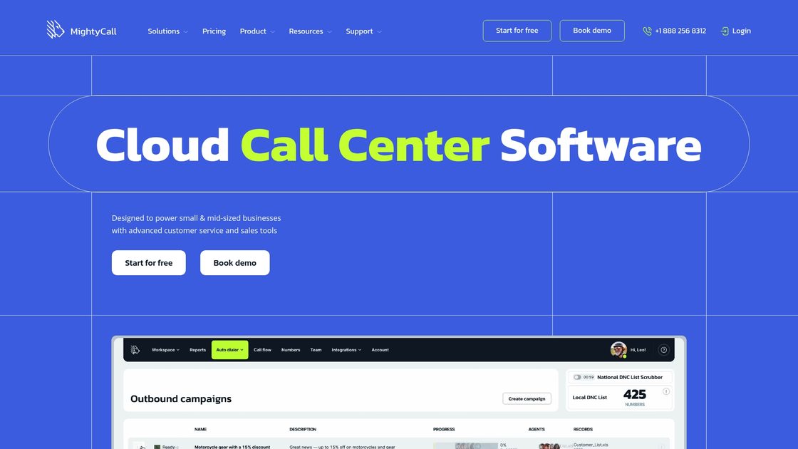 MightyCall cloud call center software homepage