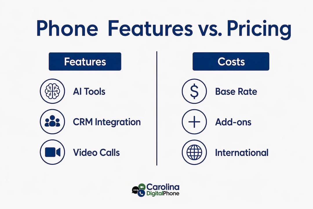 Infographic comparing business phone system features and costs